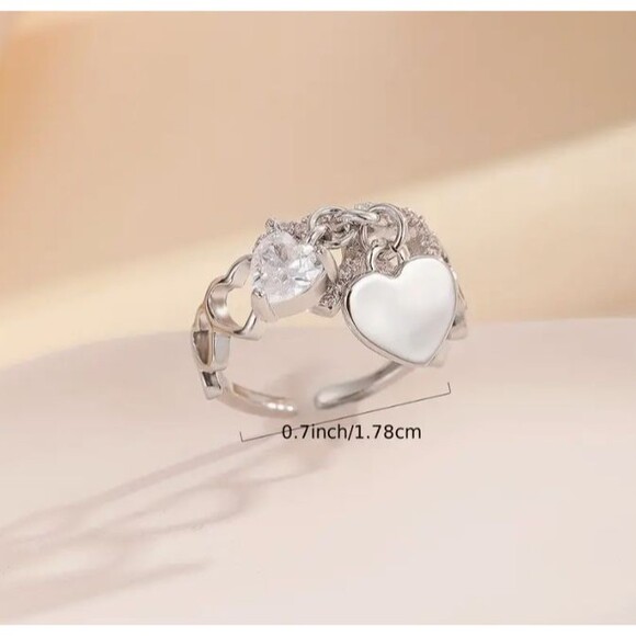 Silver Double Dangle Heart Adjustable Rhinestone Ring - Picture 3 of 6